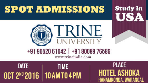 SPOT Admissions from Trine University for Spring, 2017 (Jan) start. No Application Fee and FREE Processing.
Sign up for the event and talk to the TRINE University representative directly. http://trineindia.com/